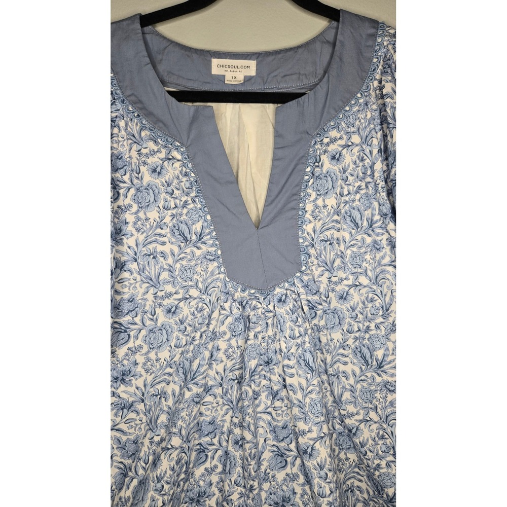 ChicSoul 1X Blue White Floral Cotton Peplum Blouse Plus Size Cottagecore Boho - Picture 9 of 10